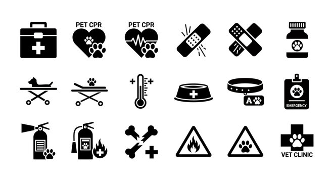 Veterinary Clinic Emergency and First Aid Icons.
