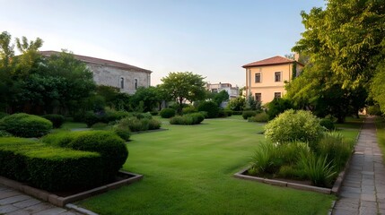 Fototapeta premium A well manicured garden with historic buildings lush greenery and flower beds bathed in the warm glow of golden hour