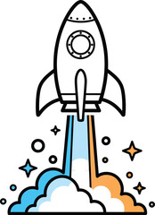 Stylized cartoon rocket ship launching upwards with blue and orange exhaust flames and smoke clouds.