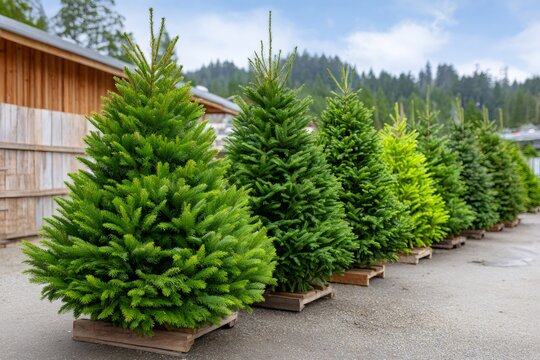 Christmas trees lined up for holiday season sales