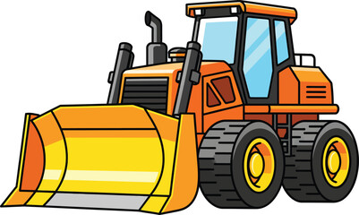 Vibrant orange and yellow cartoon bulldozer with a large front blade and heavyduty black tires. © Alisya Design