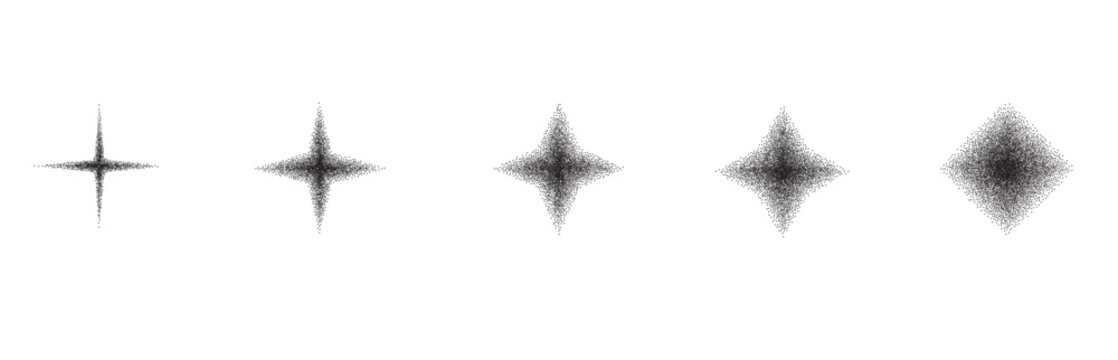 Stars grain noise gradient shapes. Retro y2k stippling twinkle forms transition set. Black shade blinks icons isolated. Vector spray paint bling shapes illustration.