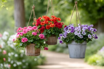Naklejka premium Colorful geraniums blooming in hanging baskets in garden