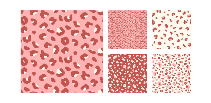 Monochrome pink animal seamless pattern print collection. Girly leopard backgrounds set. Vector seamless bg. Camouflage coquette colors animal panther cheetah mini patterns. Modern red ornaments.