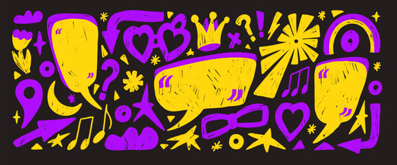 Hand drawn vivid neon colors speech bubble, crayon text boxes with quotation marks. Playful dialogue clouds and shapes like hearts, arrows or stars. A naive speech bubbles message in violet and yellow