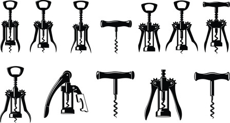 Collection of black corkscrew silhouettes, wine opener icons, bottle opening tools, bar equipment set, kitchen accessory vectors, isolated on white background