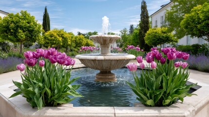 Garden fountain with purple tulips blooming in spring