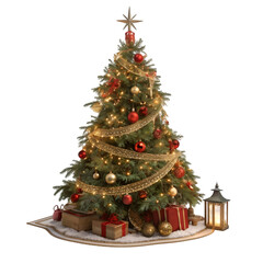 Classic Lit and Decorated Christmas Tree on white background