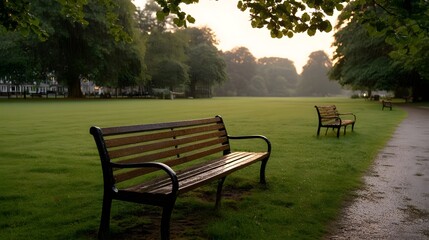 Fototapeta premium Two empty park benches in a tranquil green park during a gentle rain at dawn with soft light filtering through trees