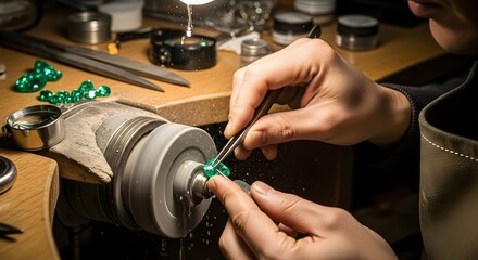 Close-up of a jeweler working on a green gemstone with tools.