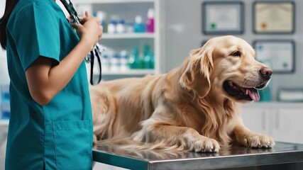 Veterinarian Examining Golden Retriever Dog in Clinic with Stethoscope for Animal Healthcare
