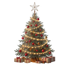 Classic Lit and Decorated Christmas Tree on white background