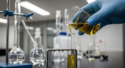 Scientist pouring liquid into test tube in laboratory.