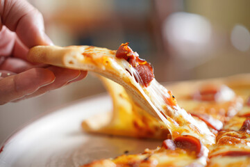 Delicious Pepperoni Pizza Slice Being Lifted, Revealing Melted Cheese and Savory Toppings, Perfect for a Quick and Satisfying Meal or a Casual Gathering with Friends