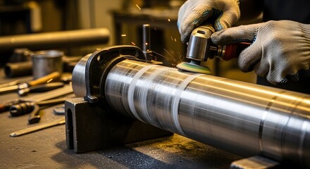 Skilled metalworker in protective gloves grinds a large steel shaft, creating sparks in an industrial workshop.