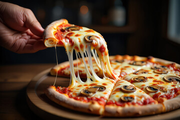 Delicious Mushroom Pizza Slice Being Lifted, Showcasing Melted Cheese and Fresh Toppings in a Warm, Inviting Setting with Soft Lighting and a Rustic Wooden Background