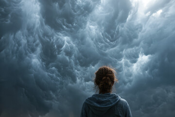 Obraz premium Person gazes at swirling storm clouds above in an overcast sky