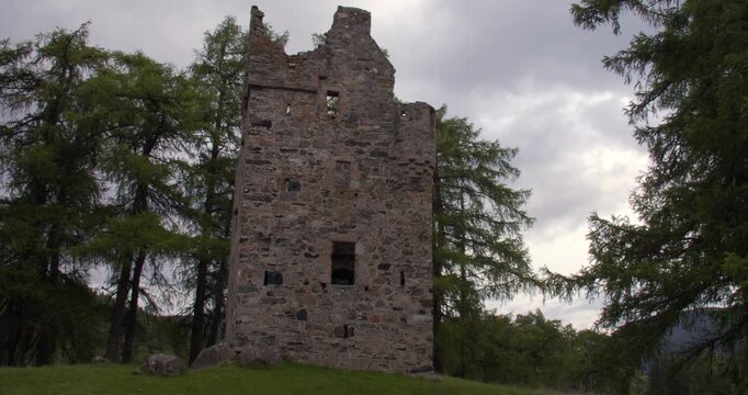 Wide panning shot of East west side of Knock castle, near Ballater