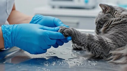 Veterinarian Examining Gray Cat Paw With Blue Gloves In Clinic Focused Medical Examination