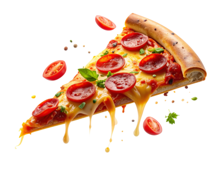 Floating Pizza Slice with Colorful Toppings in Mid-Air Burst PNG - Powered by Adobe