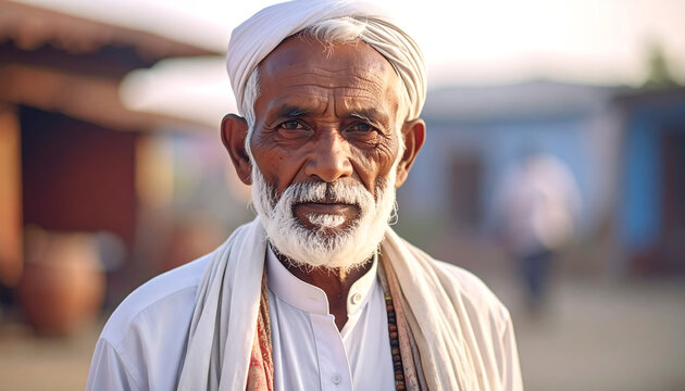 Portrait of a senior man with a white beard and turban in a rural outdoor setting.