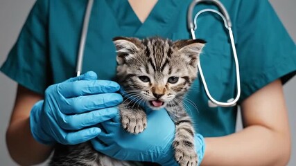 Veterinarian Holding a Kitten in a Clinic Setting with Medical Gloves and Professional Attire