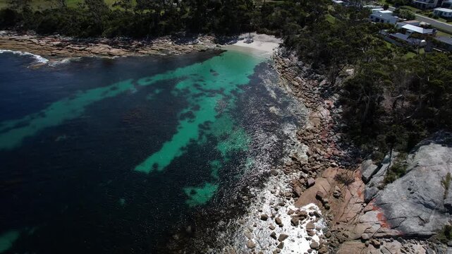 Turquoise Seascape, Bicheno Blowhole In Bicheno, Tasmania, Australia - Drone Shot