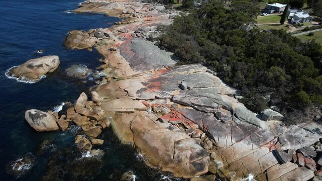 Bicheno Blowhole In The Granite Rocks In Tasmania, Australia - Aerial Drone Shot