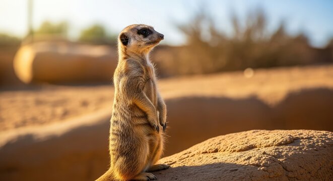 Curious meerkat standing tall on sandstone, basking in golden sunlight, alert and watchful in its natural desert habitat, embodying resilience and the beauty of wildlife