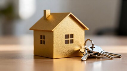 Golden house model with keys on a wooden surface real estate investment