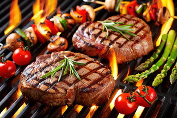Delicious Grilled Steaks and Vegetable Skewers on a Hot Grill, Featuring Juicy Meat, Asparagus, Tomatoes, and Mushrooms for a Perfect Barbecue Experience