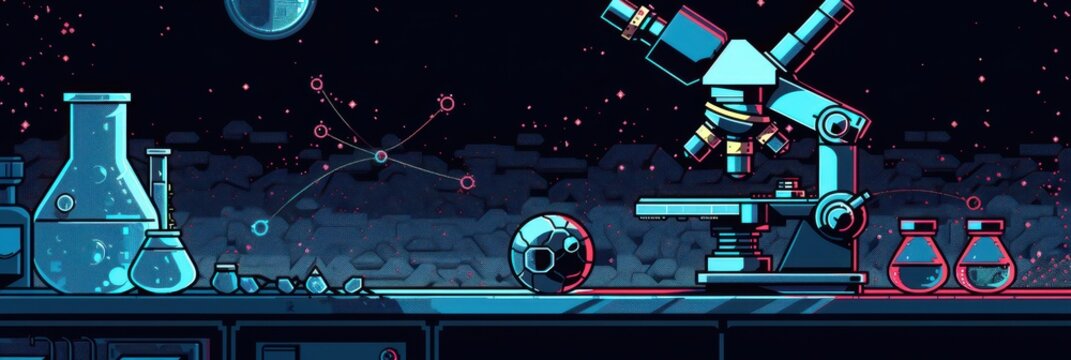 Laboratory equipment for educational purpose. World Science Day for Peace and Development. Pixel art. Horizontal banner. Copy space. World youth skills day