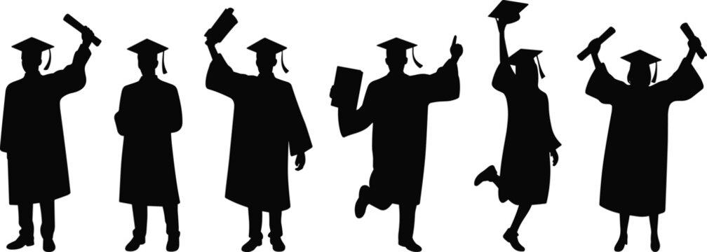 Excited Black Silhouettes of Diverse Graduates Celebrating Achievement Raising Diplomas and Throwing Caps Upward in Academic Gowns for University Commencement and Education Success Symbol