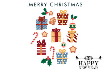 Merry Christmas and Happy New Year Festive Gift Box Illustration with Candy and Ornaments.