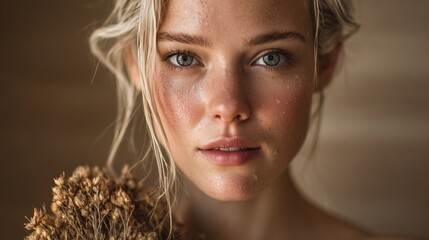 A woman with blue eyes and natural makeup enjoying spa treatments with dry herbs and aromatherapy amid a relaxing atmosphere