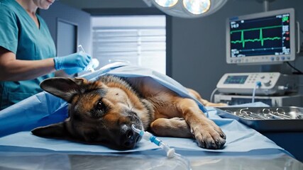 Veterinarian performing surgery on a German Shepherd dog in a sterile operating room environment