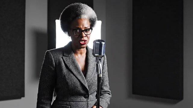 Portrait of a senior businesswoman speaking into a vintage microphone in a recording studio with soundproof panels, conveying a professional and focused mood.
