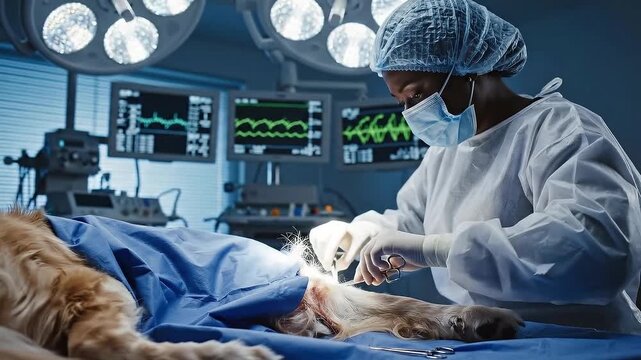 Veterinarian Performing Surgery On An Animal Inside Operating Room Under Bright Surgical Lights
