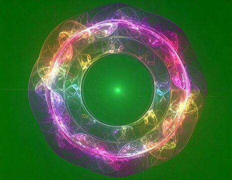 Abstract, vibrant concentric rings in rainbow hues against a green backdrop