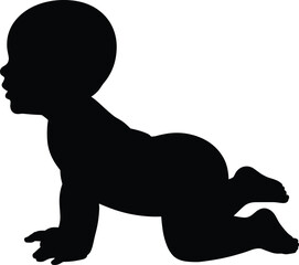 Black silhouette vector illustration of a cute baby crawling on white background, side view profile of little infant child
