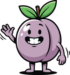A cheerful purple plum cartoon mascot with a big toothy grin winking and waving hello.