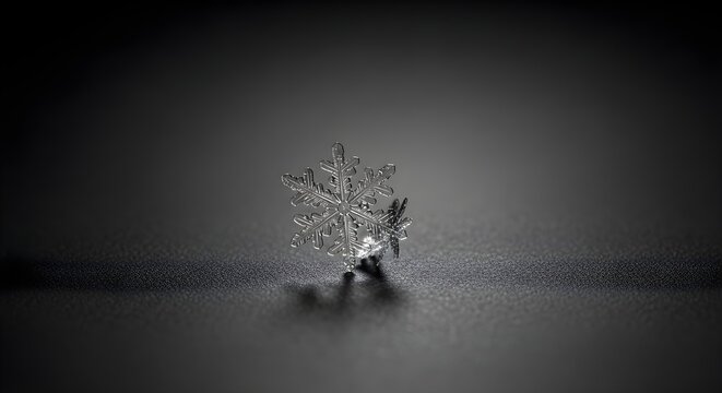 A delicate snowflake sits on a dark surface with its shadow cast.