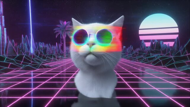Retro futuristic White Cat Wearing Sunglasses in a Neon Grid Landscape