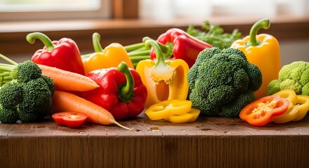 A vibrant assortment of fresh colorful vegetables artfully arranged on a wooden surface.
