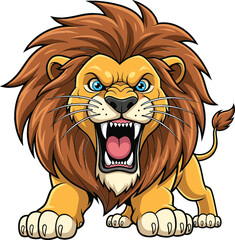 Intense cartoon vector illustration of a powerful male lion mascot roaring ferociously, displaying strength, aggression, and wild feline energy, perfect for sports teams, e-sports logos, and bold bran