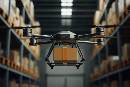 Delivery drone flying with package inside warehouse