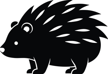 Black silhouette of a stylized hedgehog with sharp quills and round eyes white animal