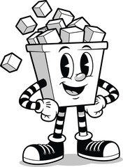 A smiling vintage cartoon bucket character with striped limbs overflowing with ice cubes in a confident pose.