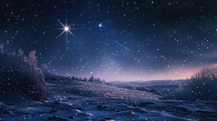 Tranquil epiphany scene with starry night and snowfall for three kings day celebration. Horizontal banner. Copy space. Star of Bethlehem, or Christmas Star
