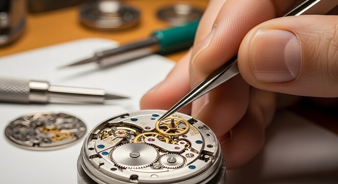 A watchmaker meticulously assembles the intricate gears of a mechanical timepiece with precision tools. - Powered by Adobe